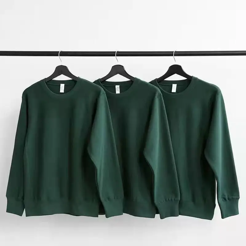 Spring Autumn 460g Heavy Cotton Dark Green T-shirt Round Neck Sweater Men Women Loose Casual Bottoming Tops