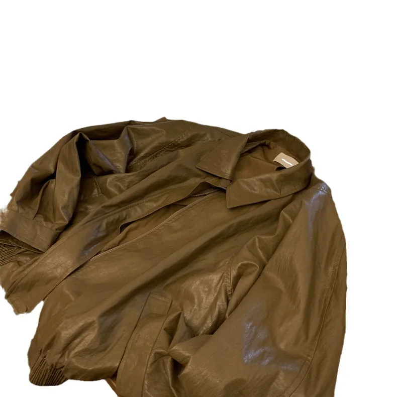 Fall 2025 New Korean Zipper Top, Vintage Brown Bomber Jacket, Imitation Leather Jacket, Versatile Jacket, Women's Clothing