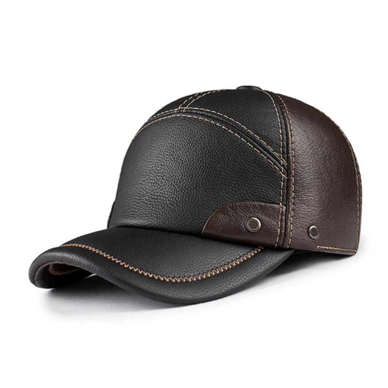 Winter Genuine Leather Patchwork Baseball Caps For Men Warm High Quality Cowhide Golf Peaked Dome Hats Male  Adjustable 55-60cm