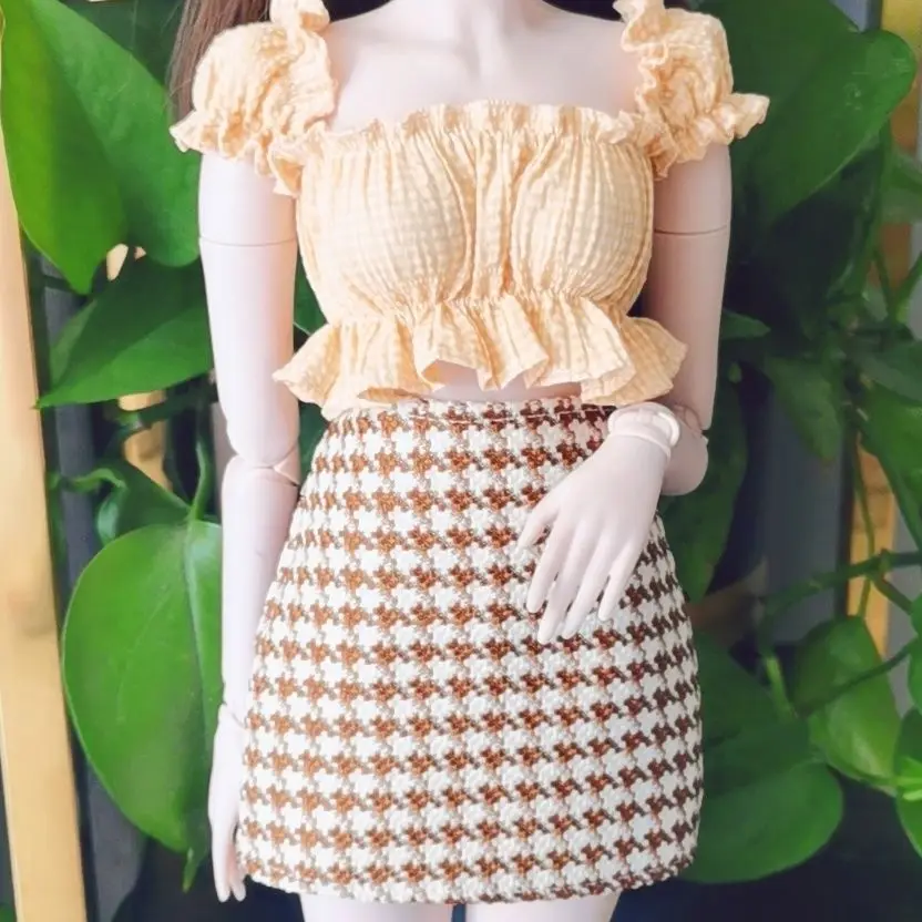 60cm Doll's Clothes for 1/3 Bjd Doll Yellow Plaid Short Sleeved Ruffled Top Half Skirt Diy Girl Toys Gift Dress Up Accessories