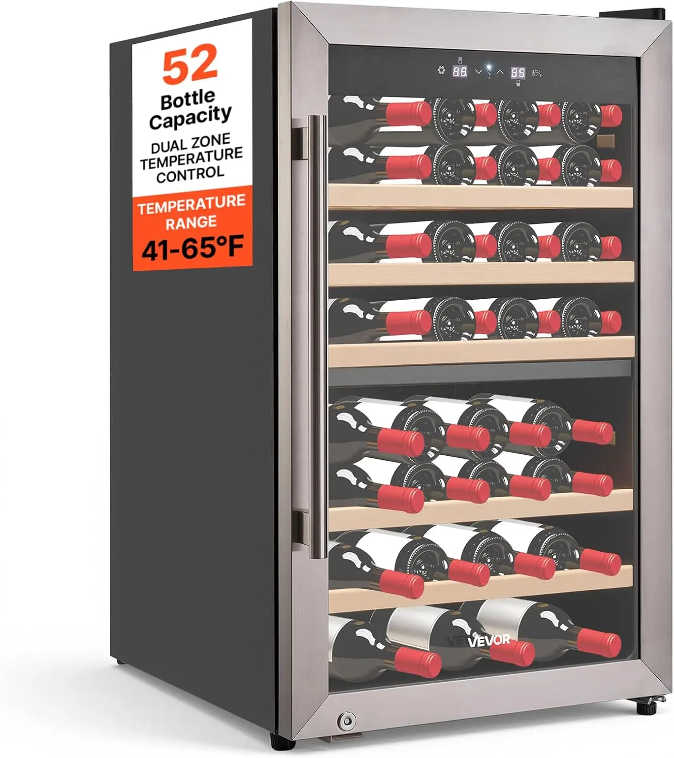 52 Bottle Wine Fridge, Freestanding Wine Cooler Refrigerator, Dual Zone Cooler, 41℉ to 65℉ Adjustable Temp Mini Cellar, Glass Do