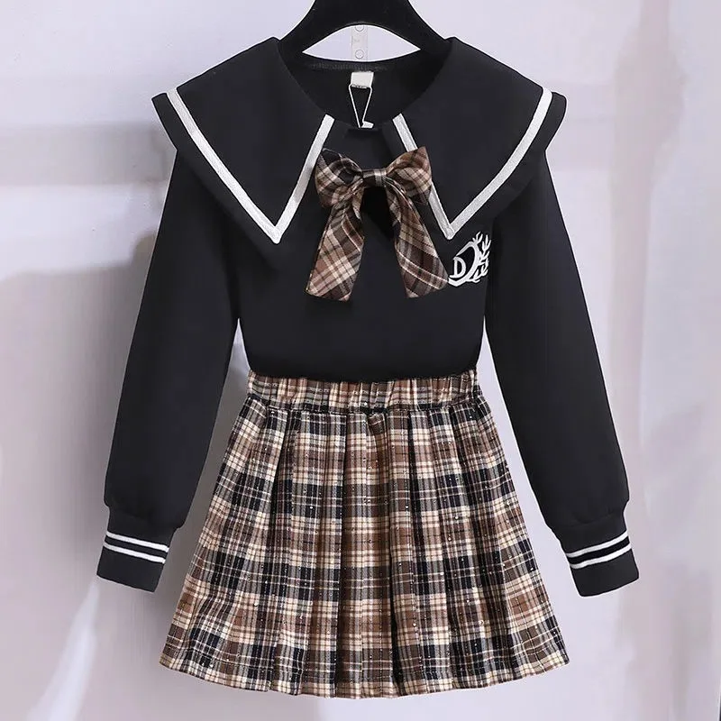 Korea School Uniform Autumn Blouse Shirt With Bow Tie High Waist Pleated Skirt 2PCS Japanese Style Student Skirt JK Outfits