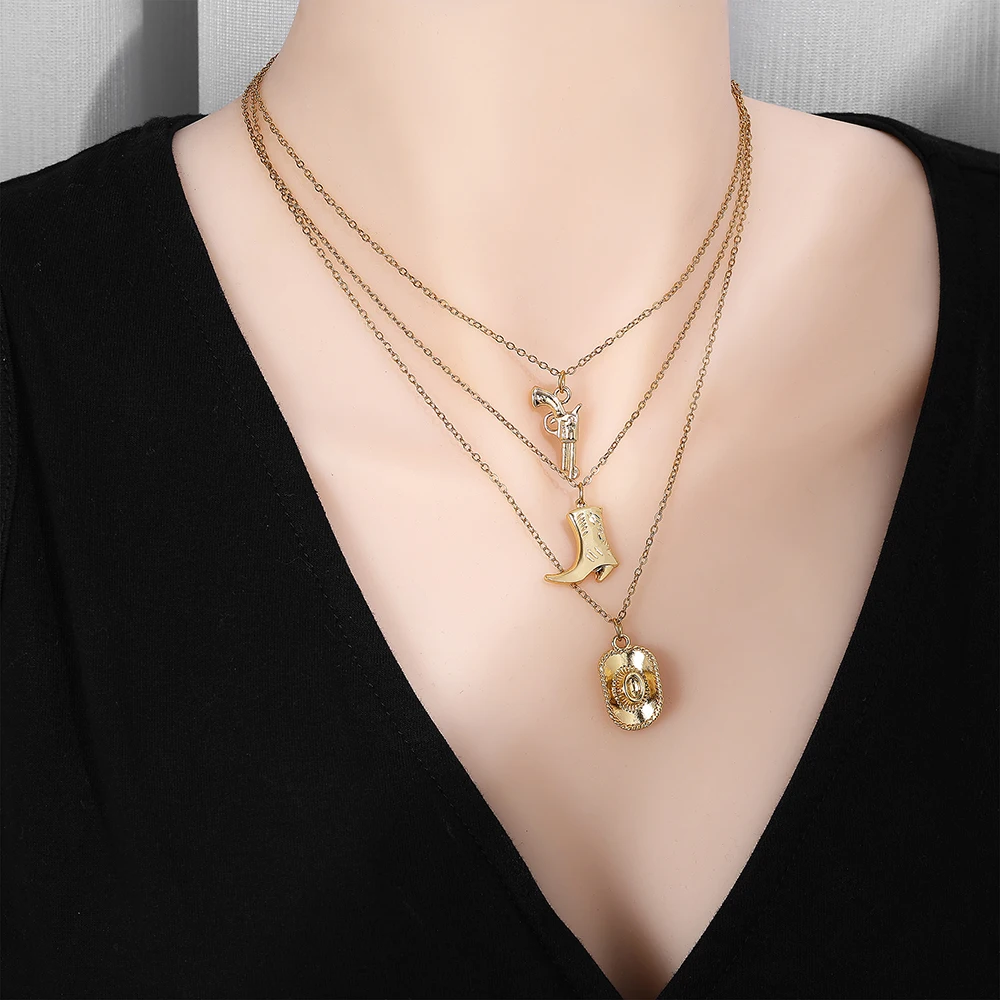 Vintage Golden Layered Necklace Set Cowboy Boot Key Pendant Necklaces for Women Fashion Daily Wear Jewelry Necklace Accessories