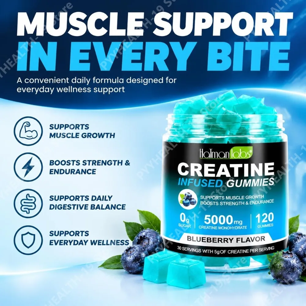 Creatine Gummies 5000mg, Supports Muscle Growth, Boosts Strength & Endurance with 0g Sugar, Vegan Blueberry Flavor, 120 Count