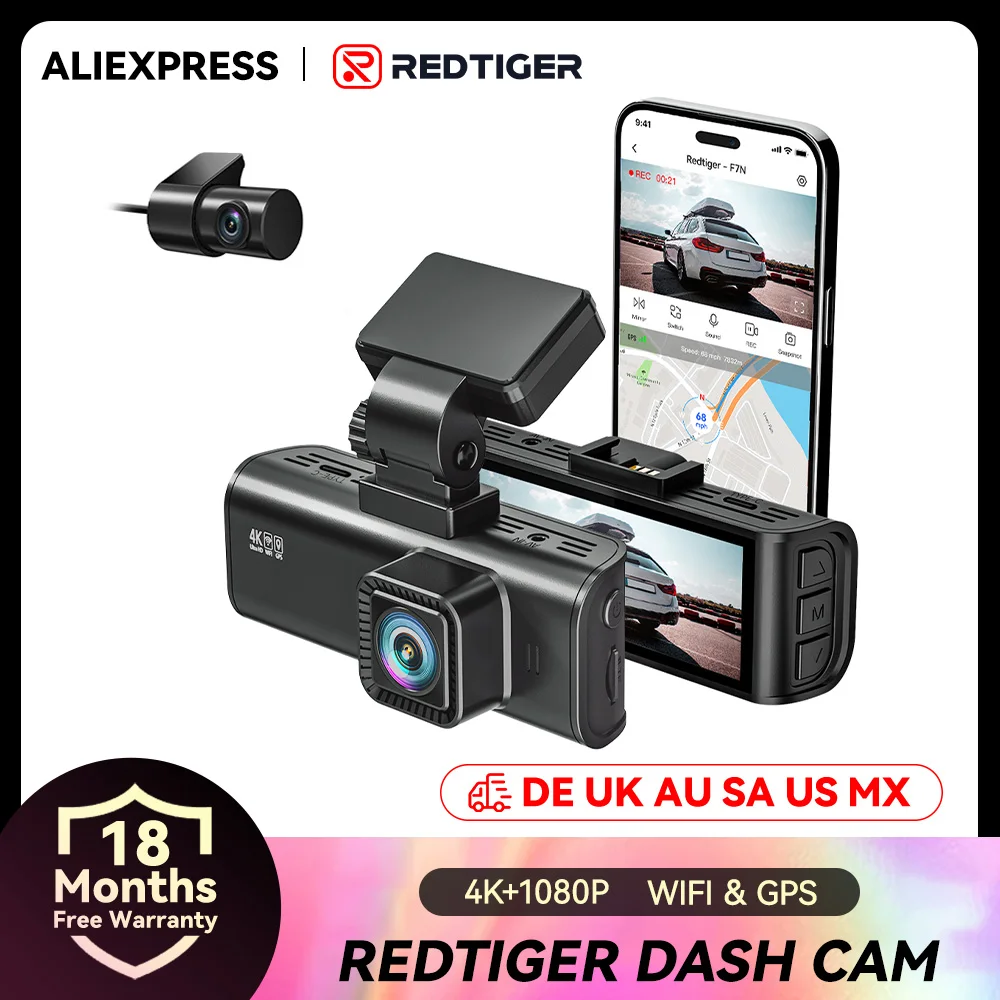 REDTIGER F7NP 4K+1080P Dashcam für Autos, 3,18-Zoll-IPS-Bildschirm, integriertes WLAN, GPS, Mini-Dashcam-Rekorder, DVR für 24-Stunden-Parkmodus