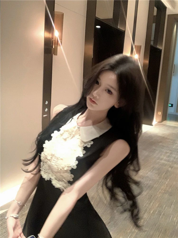 الدانتيل المرقعة طوق بلا أكمام فساتين صغيرة المرأة الصيف مزاجه الخصر سليم صالح ألف خط فستان الحفلات المسائية