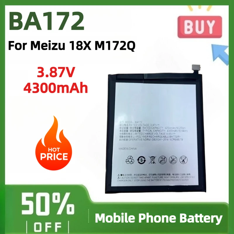 Brand New BA172 4300mAh 3.87V Li‑Po Replacement Battery for Meizu 18X M172Q Mobile Phone Battery