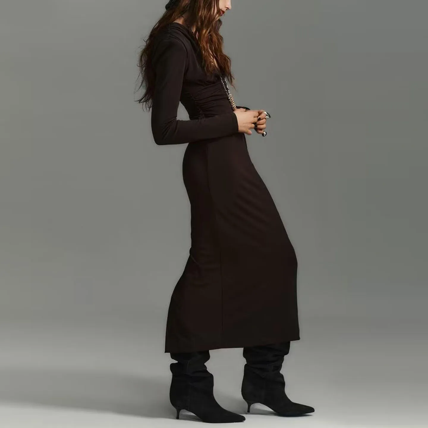 Z Faionable Midi Dr Damska Sukienka Ele Plisowana Osobista Długa Sukienka z Dekoltem w Serek Wyszczuplająca Codzienna Odzież Jesienna Nowość