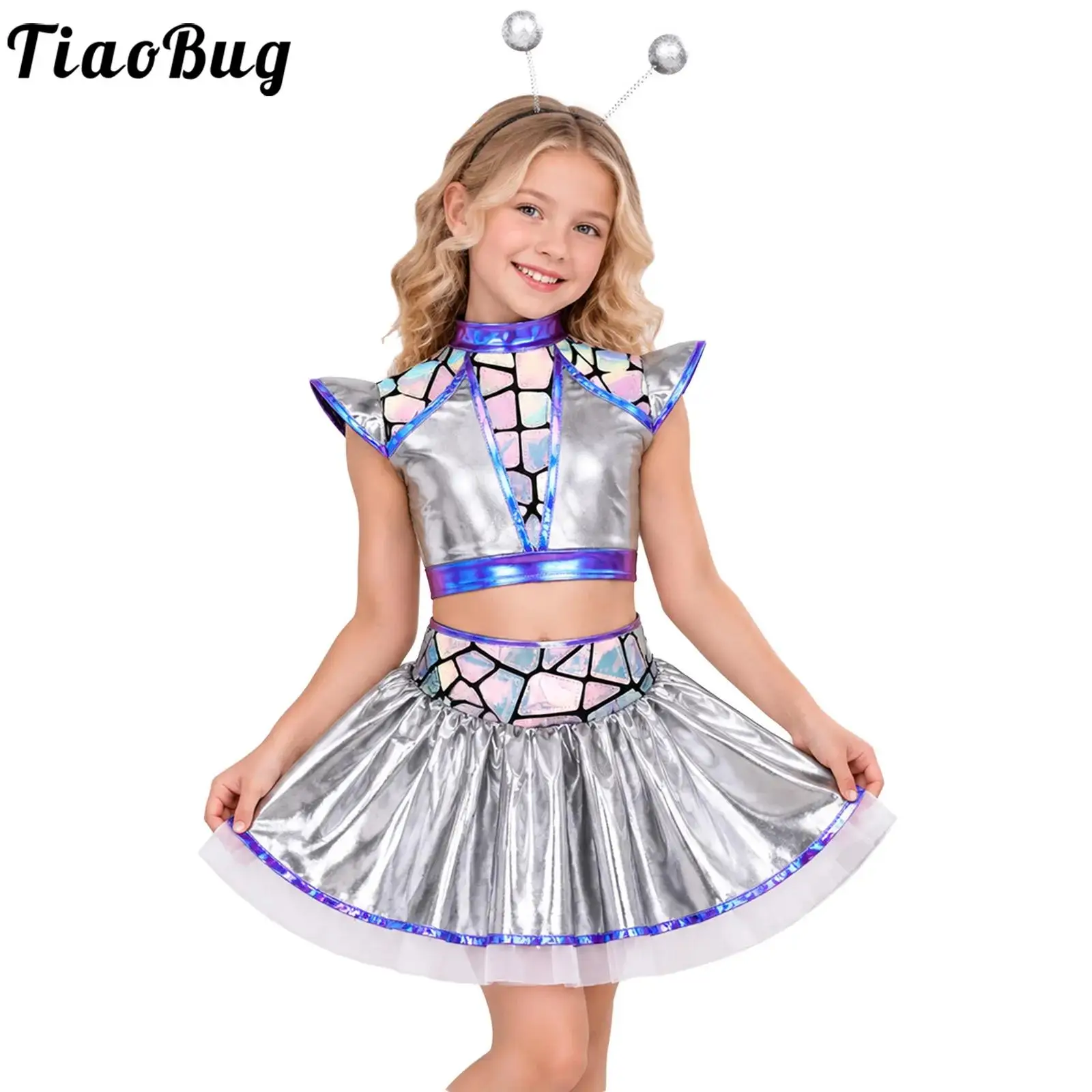 Girls Alien Cosplay Costume Long Sleeve Shoulder Boards Sequin Metallic Bodysuit with Hair Hoop for Halloween Outer Space Party