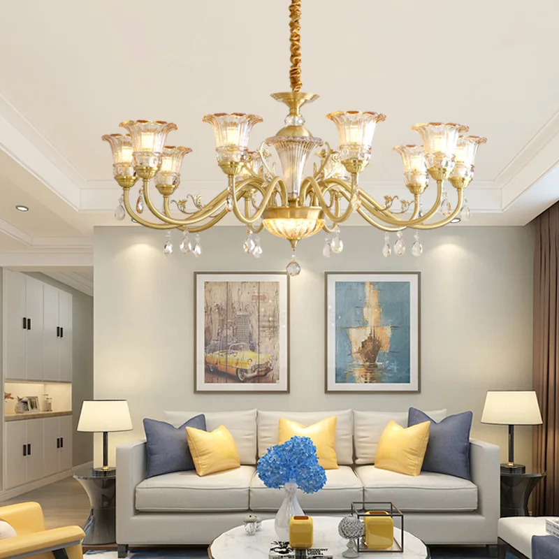 

All-copper American light luxury high-end living room chandelier simple European villa duplex floor dining room light bedroom