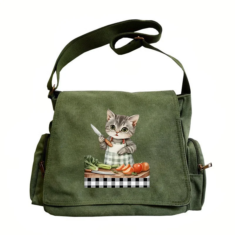 

Cute Cat Cooking Print Crossbody Bags Large Capacity Multiple Pockets Shoulder Bags Canvas Book Bag For Student