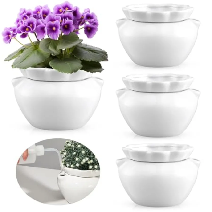 

Набор из 4 белых керамических горшков для африканских фиалок, 6 дюймов, с автополивом, для комнатных растений, с высокоабсорбирующим внутренним вкладышем