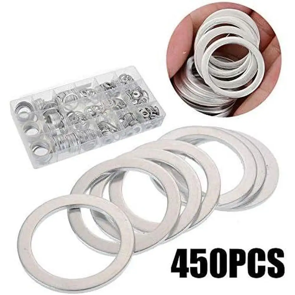 

450Pcs Aluminum Oil Drain Plug Washer Cylinder Flat Gaskets Washers Assorted Gasket Metal Sealing Washer Assorted Sealing Rings