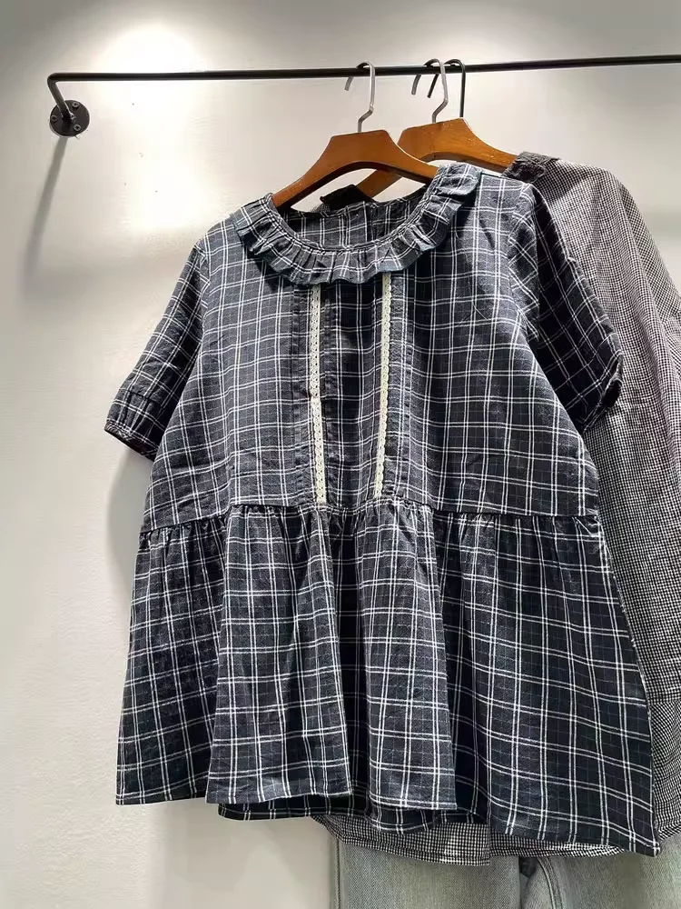 

2025 Women's summer blouse women tops 100% cotton check shirts short sleeve women's plaid shirts korean style clothes