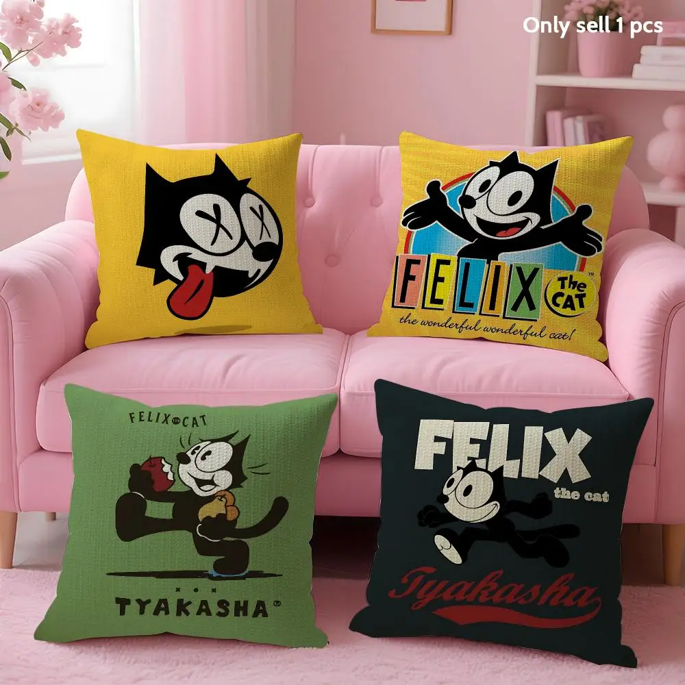 Cartoon F-Felix the Cat Cushion Cover Natural Linen Organic Fabric Double-Sided Printing Sofa Home Decor Gift Pillow Case