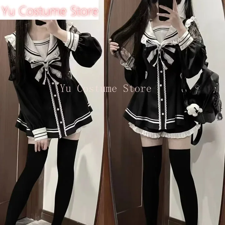 

Style Gothic Y2k Lolita Bow Dress Shorts Set Women Vintage Sweet Long Sleeve Button Shirt Party Dresses Slim Mini Yu Cosplay
