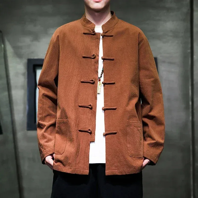

Chinese Style Tang Suit for Men, Long Sleeve Linen Shirt for Spring and Autumn, Loose Fit Plus Size Jacket with Retro Hanfu Disc