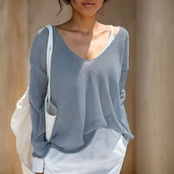 2025 Spring Summer Thin Sexy Women Blouse Tops Autumn Blusas V-neck Pullover Tops Solid Korean Loose Sunscreen New Lady Clothes