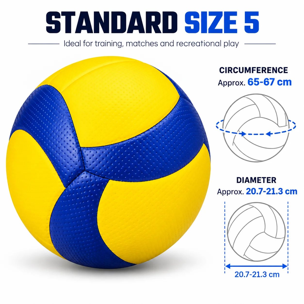 Size 5 Volleyball, PU Indoor Outdoor Training Ball, Waterproof Beach Volleyball for School Gym Practice, Blue Yellow