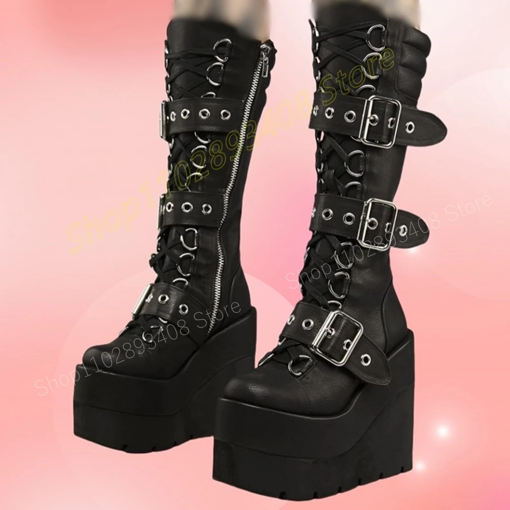 

Rivets Decor Round Toe Mid Calf Boots Wedges High Heel Punk Cool Style Side Zipper Fashion Women Shoes 2024 Zapatos Para Mujere