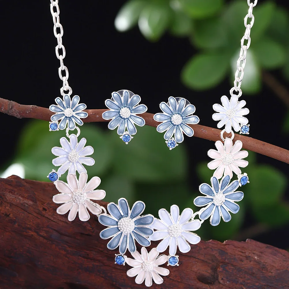 Women's Multi Color Daisy Enamel Necklace Earring Set