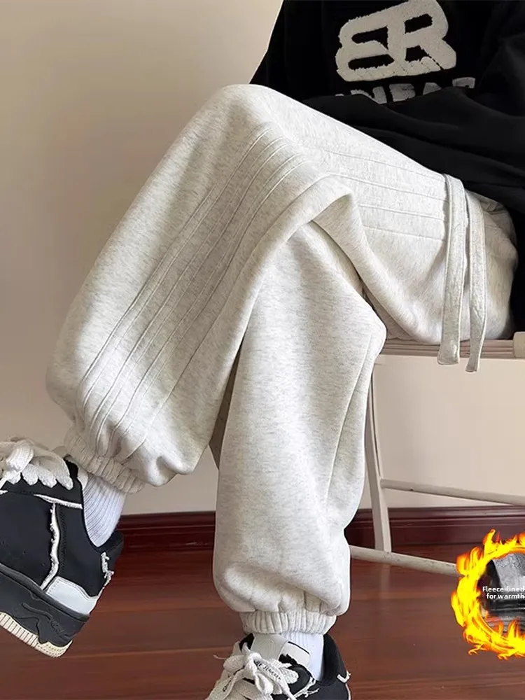 

Men's Winter Thickened Fleece Lined Cuffed Sports Pants Casual Loose Fit Polyester Long Trousers American Style Trendy Teens