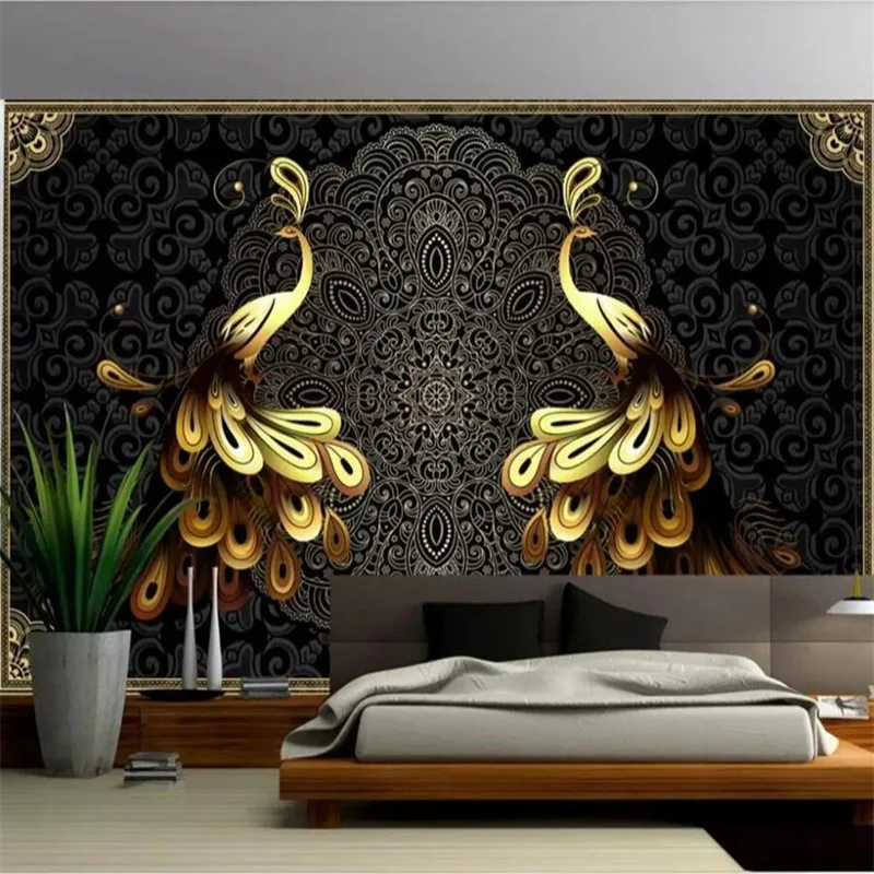 

Custom large wallpaper 3D mural luxury European black gold peacock background wall papers home decor Living room papel de parede