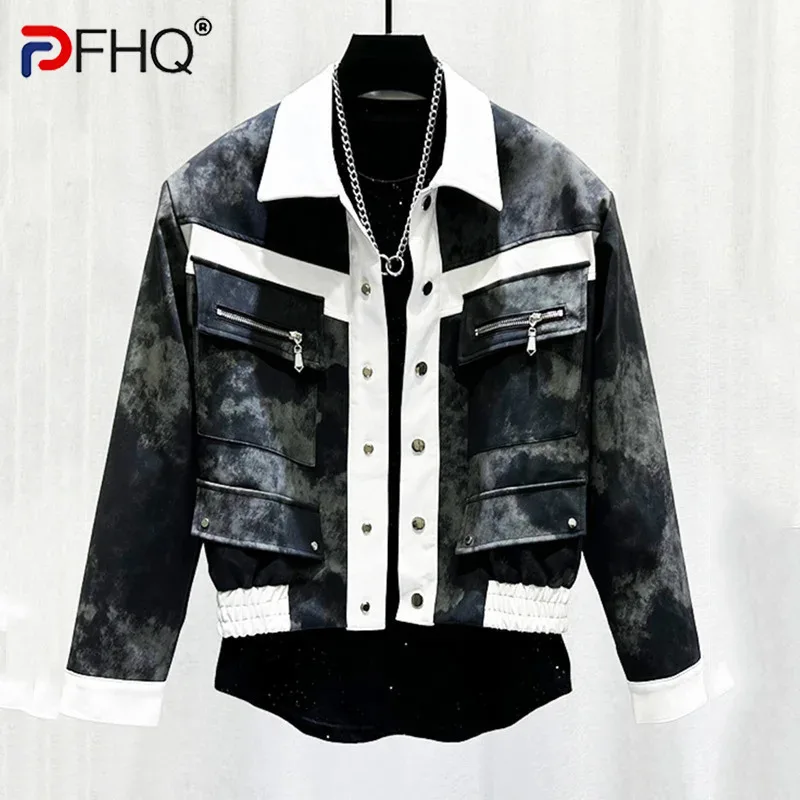 PFHQ Winter New Trendy Brand Short PU Jacket Men's Personalized Design Splicing Color Contrast Warm Short Leather Jacket