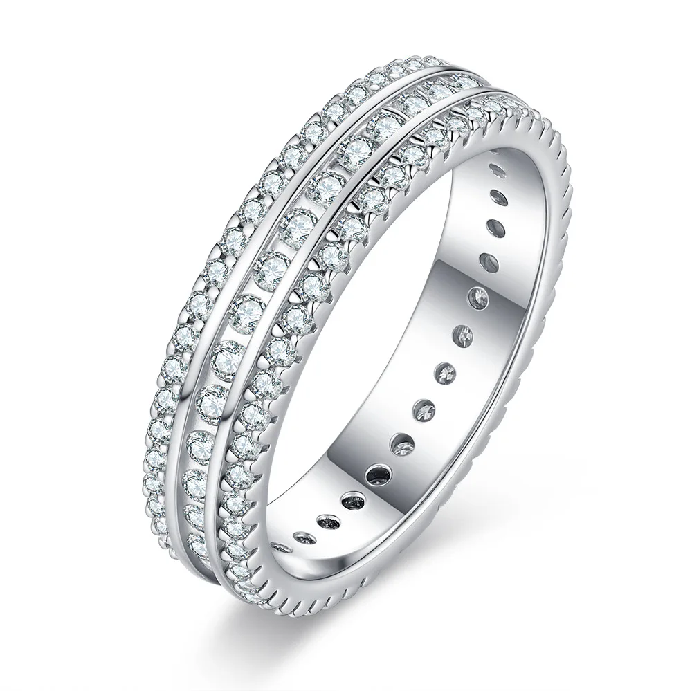 925 Sterling Silver Moissanite Ring 3 Rows of Ring Design Hip Hop Style for Women Party Birthday Gift Fashion Jewelry