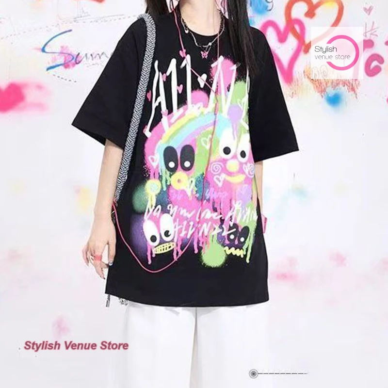 

American fun graffiti printed cotton short-sleeved T-shirt women's summer new dopamine hiphop loose casual half-sleeve top.