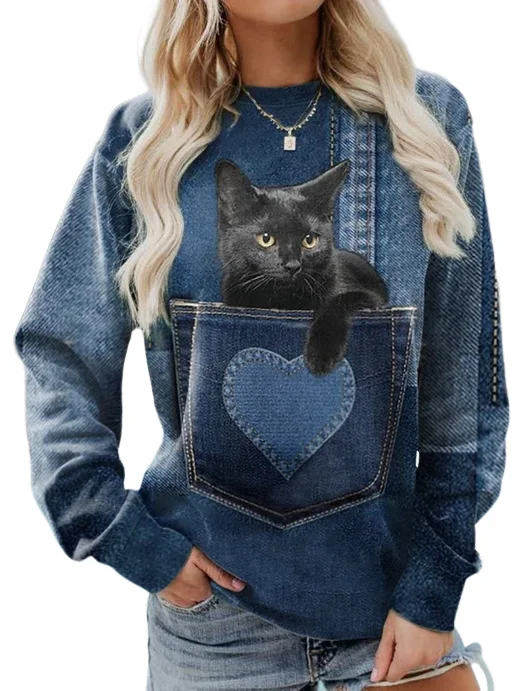 Women's Hoodie 2023 Winter New Fashion Casual Animal Loose Imitation Denim Print Long Sleeved Round Neck Pocket Design Hoodie