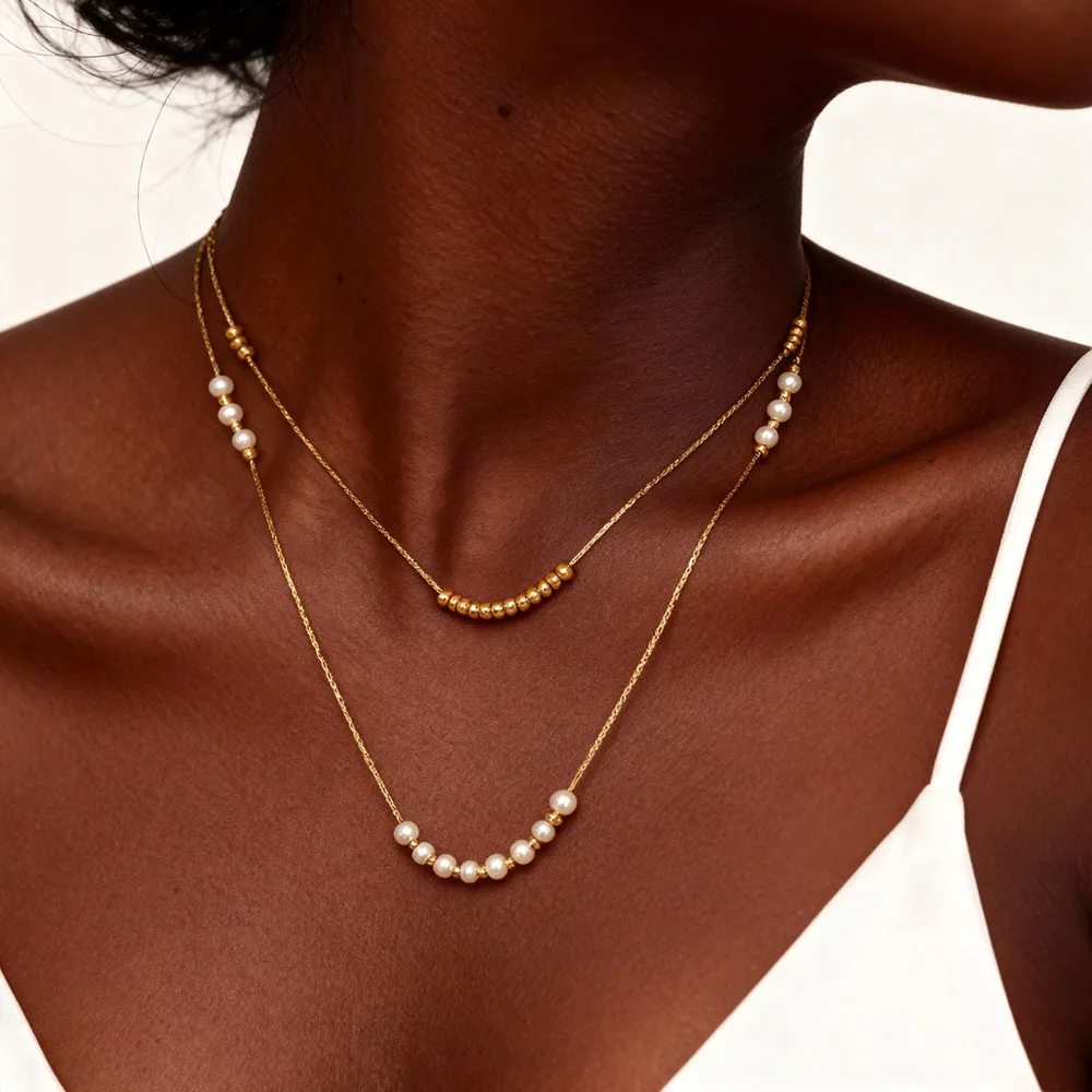 Beaded Stackable Chain Necklace, Stainless Steel Clavicle Multilayer Chain Pearl Jewelry for Women Christmas Gifts