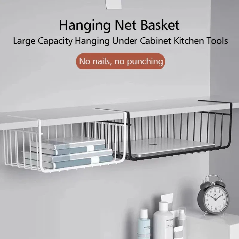 

Iron Hanging Net Basket Home Storage Baskets Large Capacity Hanging Under Cabinet or Wall Shelf Kitchen Closet Organizer