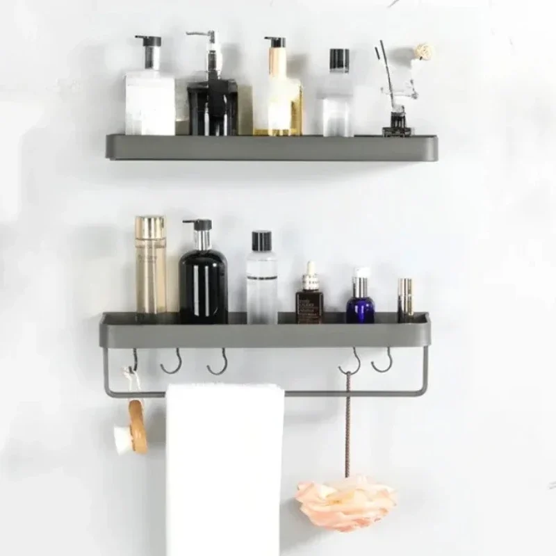Bathroom Shelf - Space Aluminum, Wall-Mounted, Single Tier, Gray, No-Drill, Minimalist Design, Shower/Toilet Storage