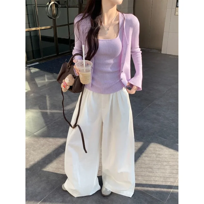 

Women Clothing Spring Autumn Fashion Casual Simplicity All-match Appear Thin Screw Thread Solid Color Two-piece Set Long Sleeve