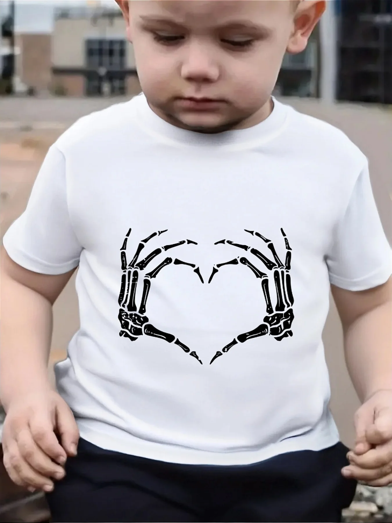 Cute Skeleton Hands Make Heart Print Family Matching T Shirt Boys Girls Short Sleeve Parent Child Soft Cotton Casual Daily Tops