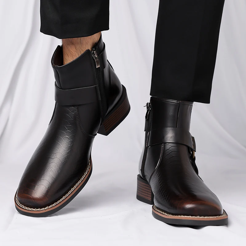 Retro Men's Boots Classic Brown Western Cowboy Boots Side Zipper Men's Ankle Boots Quality Leather High Top Booties Botas Hombre