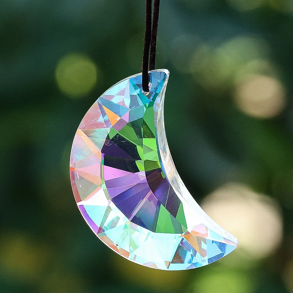 50mm Rainbow Moon Crystal Suncatcher Hanging Feng Shui Crescent Glass Prism Sunlight Collection Chandelier Parts Pendant Decor