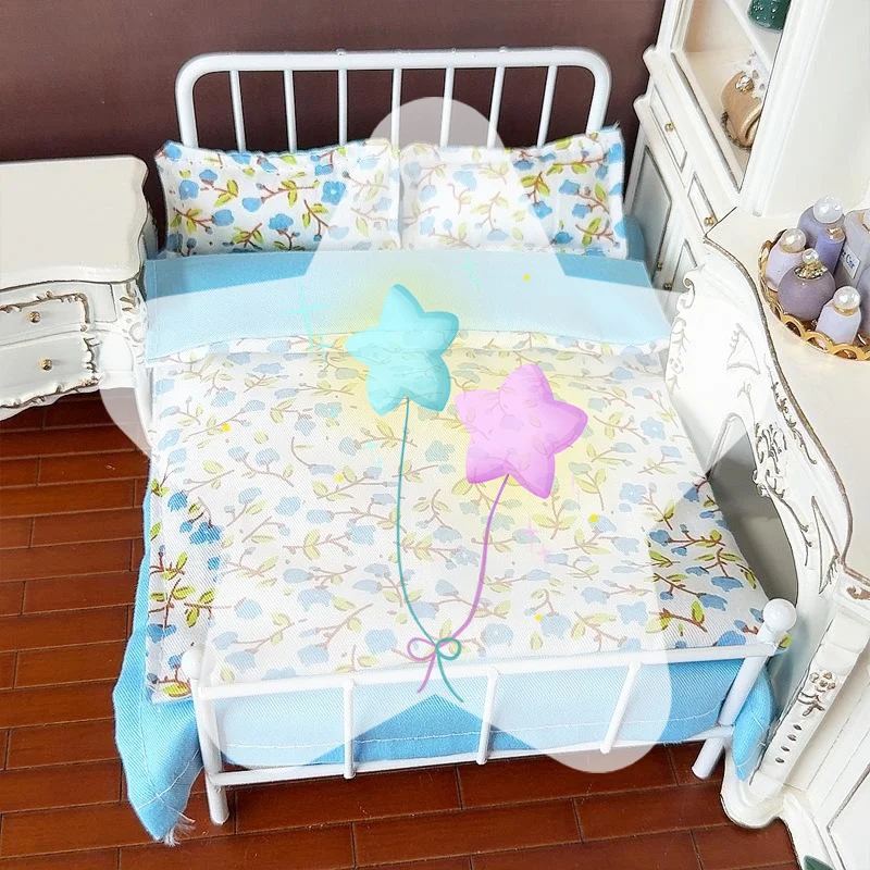 

1/12 Dollhouse Miniature Bed Four Piece Bed Set Bed Sheet Quilt Pillow Quilt Cover Bedding Set Doll Bedroom Decoration Toy