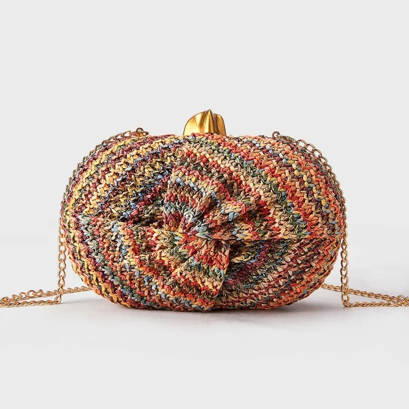 Summer Fashionable Uniquely Shaped Oval Straw Clutch Bag New Simple Rainbow Woven Bag Boho Wedding Beach Bag for Evening Party