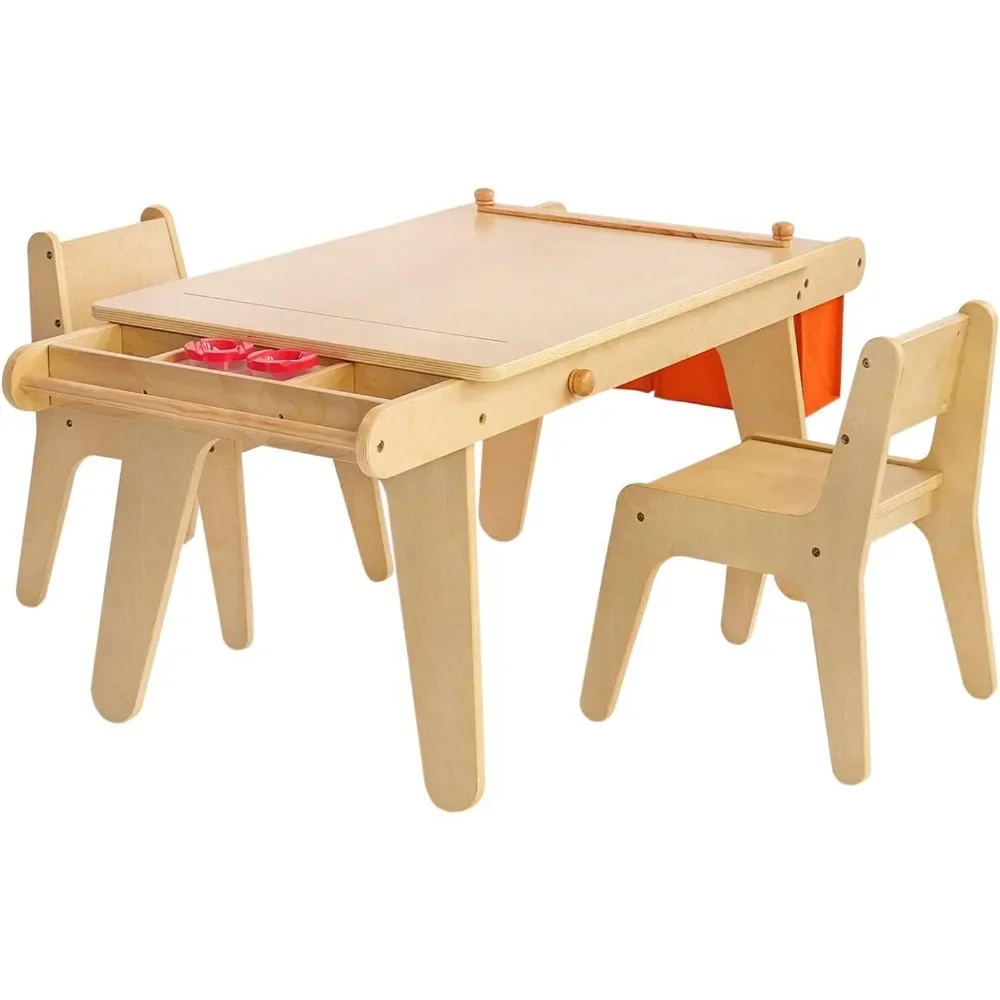 Kids Table and Chair Set, Kids Art Table with 2 Stools, Storage Bag & Paper Roll, Kids Desk & Chair Set, Craft Table and Chairs