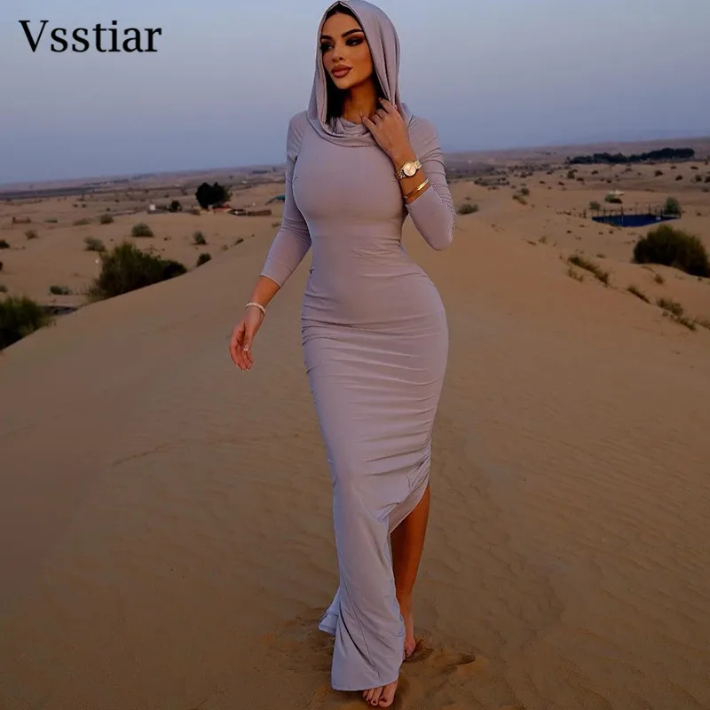 Vsstiar Full Sleeve Hooded Women Dress Black Solid Color Bodycon Maxi Vestidos Elegant Fashion Split Ladies Casual Outfits