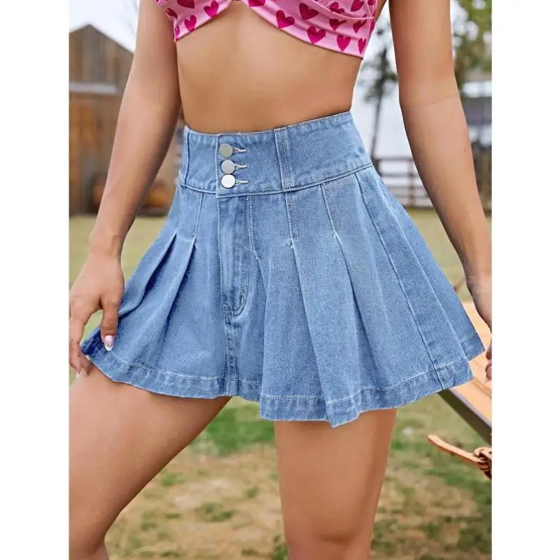 

Men's Casual Sport Suit High Waist Pleated Denim ort Skirt Button Sle Autumn Seven Sve Length Faionable Men's Wear