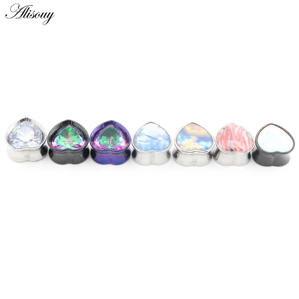 Alisouy 1pc 8-25mm Stainless Steel CZ Zircon Love Heart Flared Ear Tunnels Plugs Expander Stretcher Gauges Body Piercing Jewelry