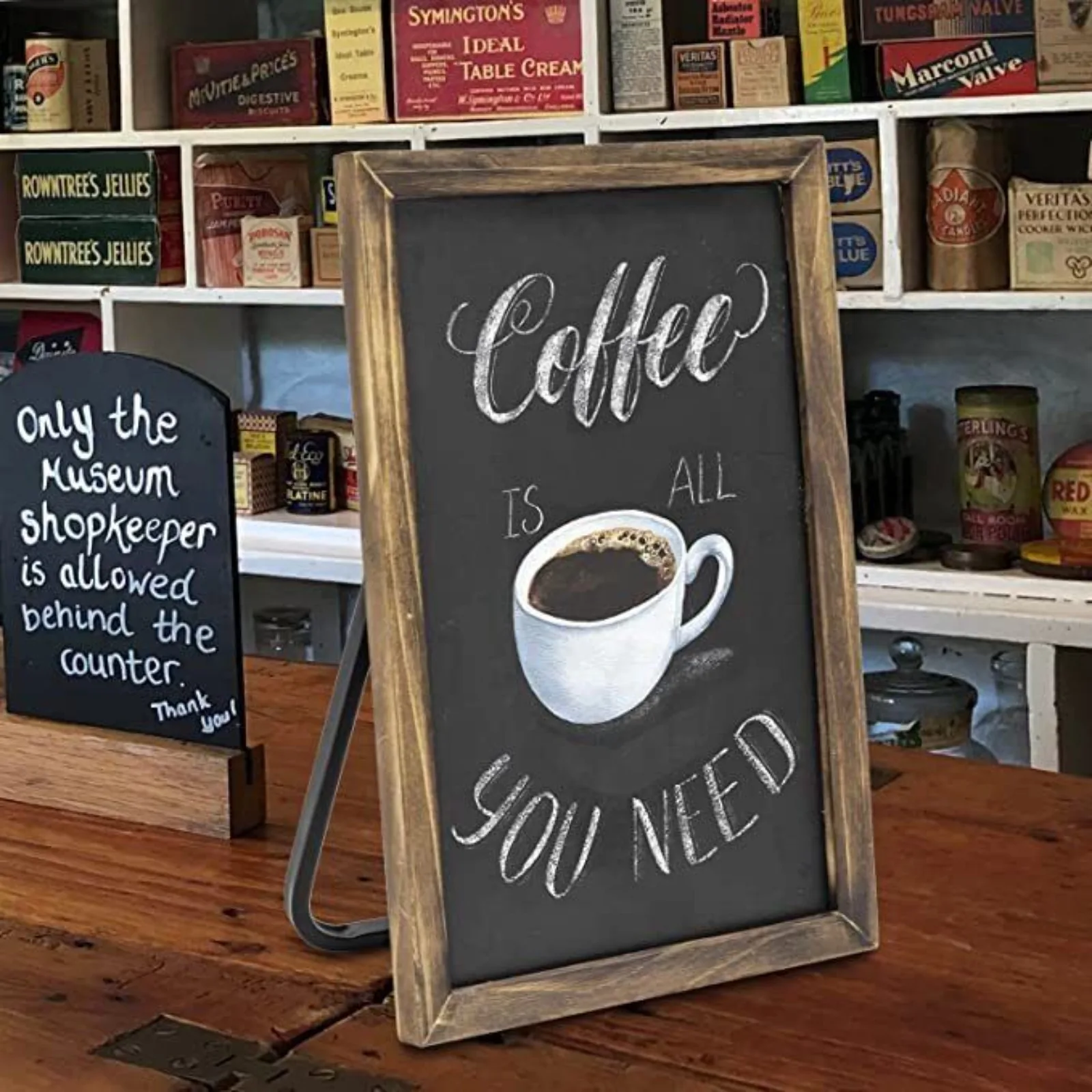 

14 Inch Burnt Wood Frame and Black Metal Tabletop Standing Chalkboard Sign United States