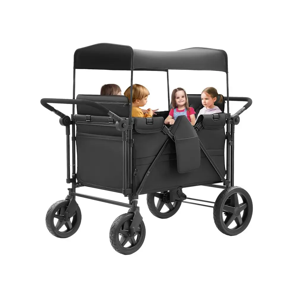 

Wagon for 4 Kids, 4 Seater Wagon Stroller Featuring 4 High Seat with 5Point Harnesses and Adjustable Canopy, Foldable Double Pu