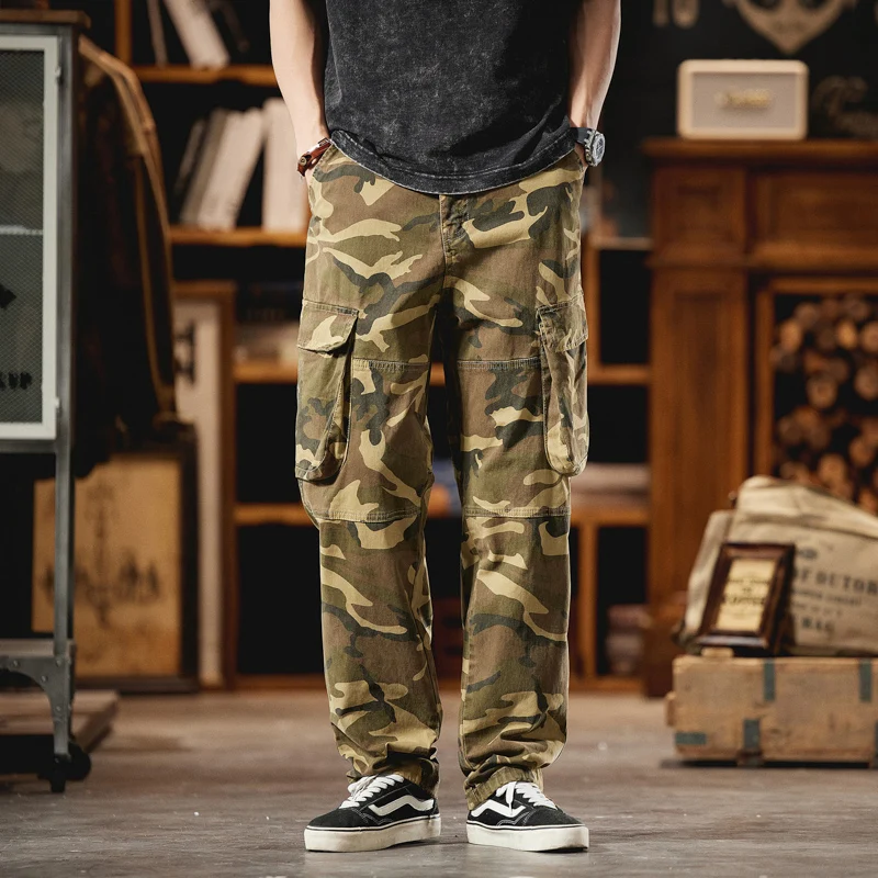 ربيع الخريف النمط الأمريكي خمر فضفاضة تناسب الرجال مستقيم الساق السراويل البضائع متعددة جيب في الهواء الطلق التمويه السراويل عبر الحدود