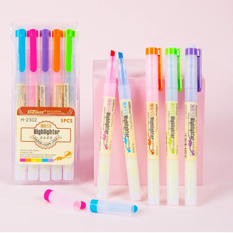 Large Capacity Double-headed Color Fluorescent Pen Fiber Pen Quick-drying Two-color Handbook Pen Novelty Kawaii Stationery