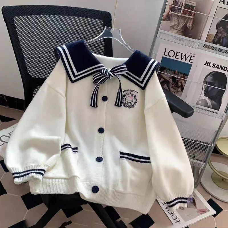 

Sanrio Hello Kitty Women'S Knitted Cardigan Peter Pan Collar Sweater Y2k Korean College Style Women Autumn/Winter Outerwear