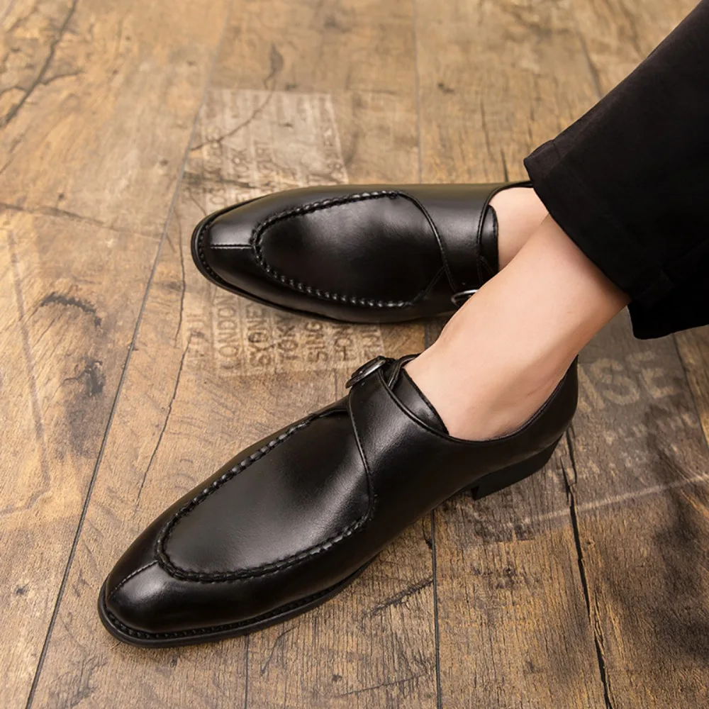 Men's Business Leather Footwears Cowhide Retro Wedding Party British Style Footwears Male Pointed Toe Buckle Strap Dress Shoes